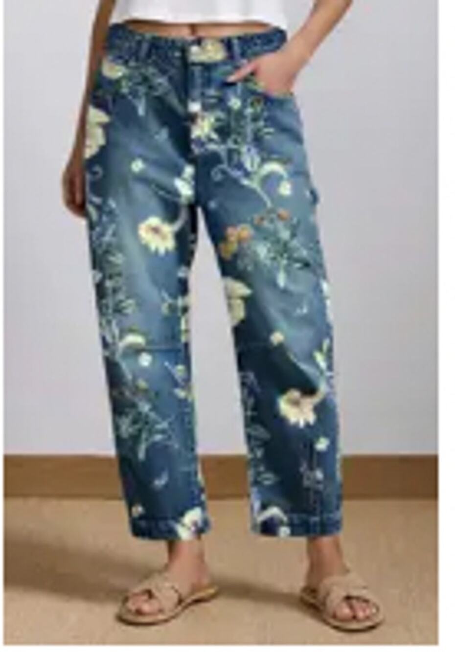 NWT Flemingals Wash Floral Print Flap Pocket Mid Rise Barrel Leg Crop Jean Sz XL